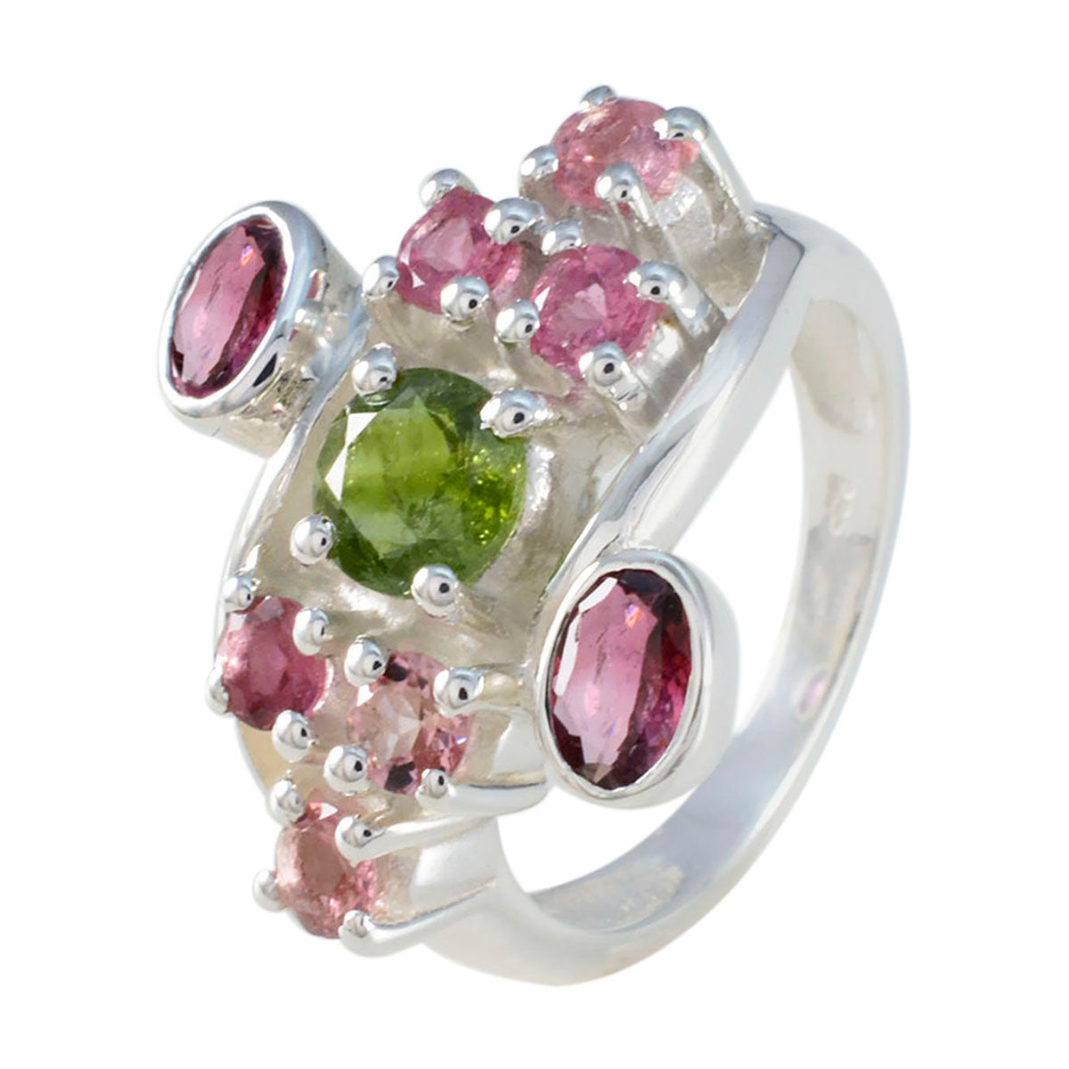 Tourmaline Navratna German 925 Silver multicolor Gems Edgy Contemporary Ring Jewellery
