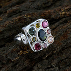 Tourmaline Navratna French Silver multicolor Gemstone Chunky Signet Ring Jewellery