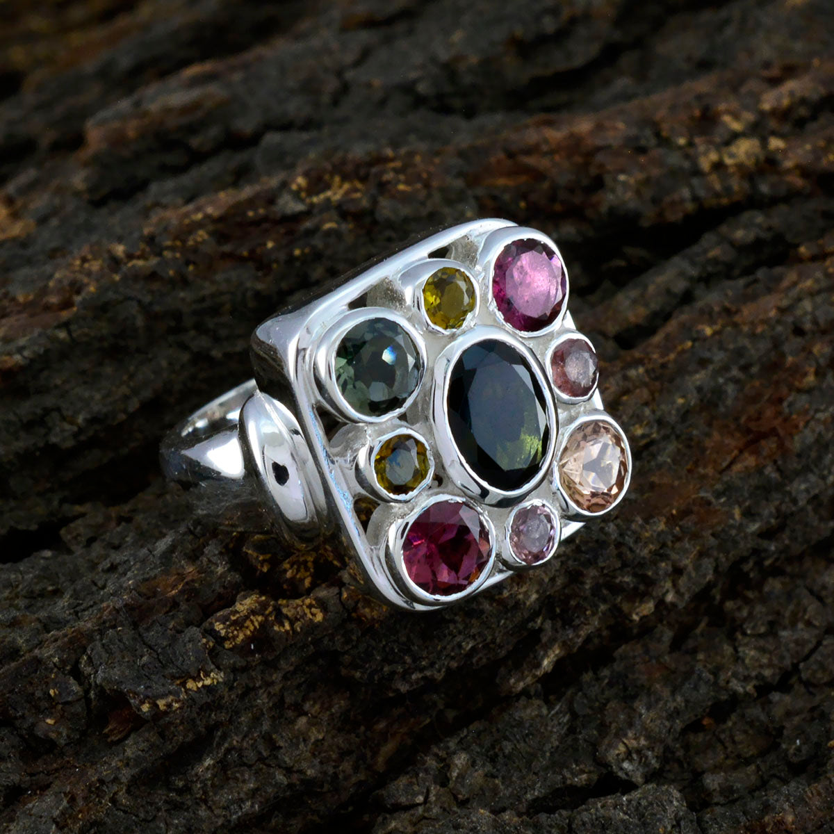 Tourmaline Navratna French Silver multicolor Gemstone Chunky Signet Ring Jewellery