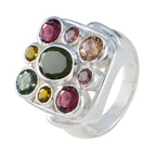 Tourmaline Navratna French Silver multicolor Gemstone Chunky Signet Ring Jewellery