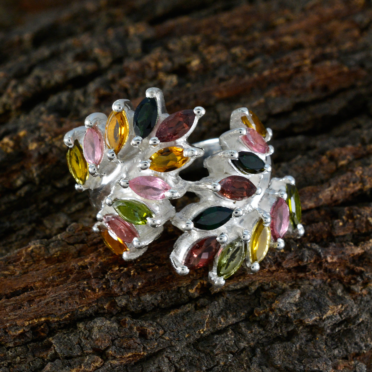 Tourmaline multiple Italian Silver multicolor Gemstones Chunky Vintage Ring Jewellery