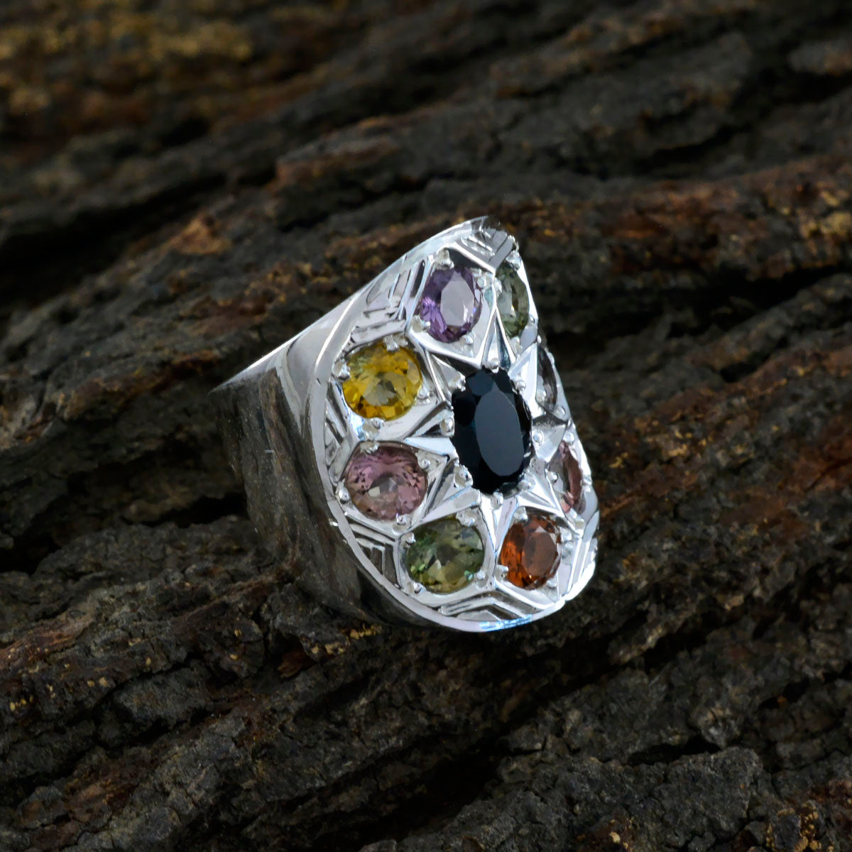 Tourmaline navratna Indian 925 Sterling Silver multicolor Gemstones Chunky Retro Ring Jewellery