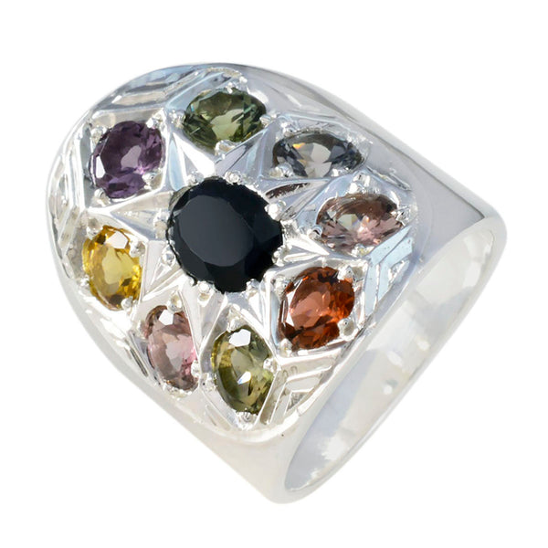 Tourmaline navratna Indian 925 Sterling Silver multicolor Gemstones Chunky Retro Ring Jewellery