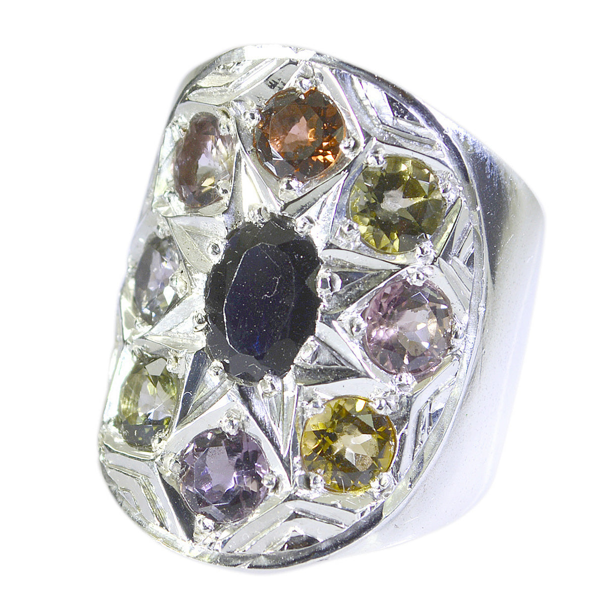 Tourmaline navratna Indian 925 Sterling Silver multicolor Gemstones Chunky Retro Ring Jewellery