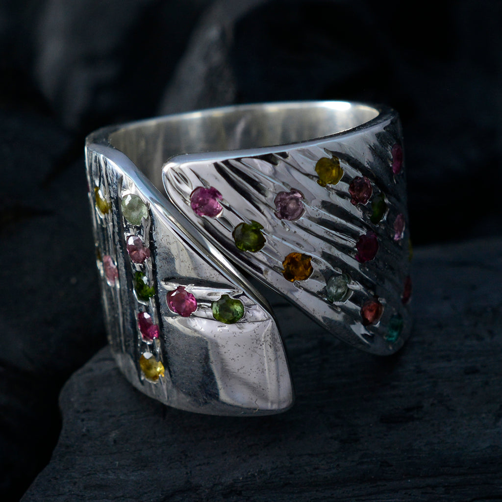 Tourmaline multiple German Sterling Silver multicolor Gemstone Chunky Retro Ring Jewelry