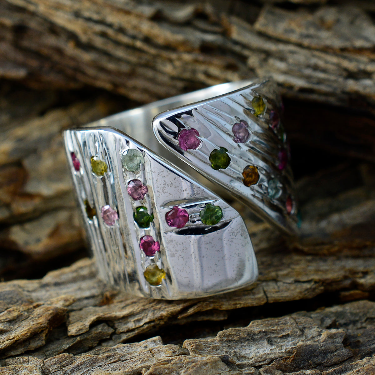 Tourmaline multiple German Sterling Silver multicolor Gemstone Chunky Retro Ring Jewelry