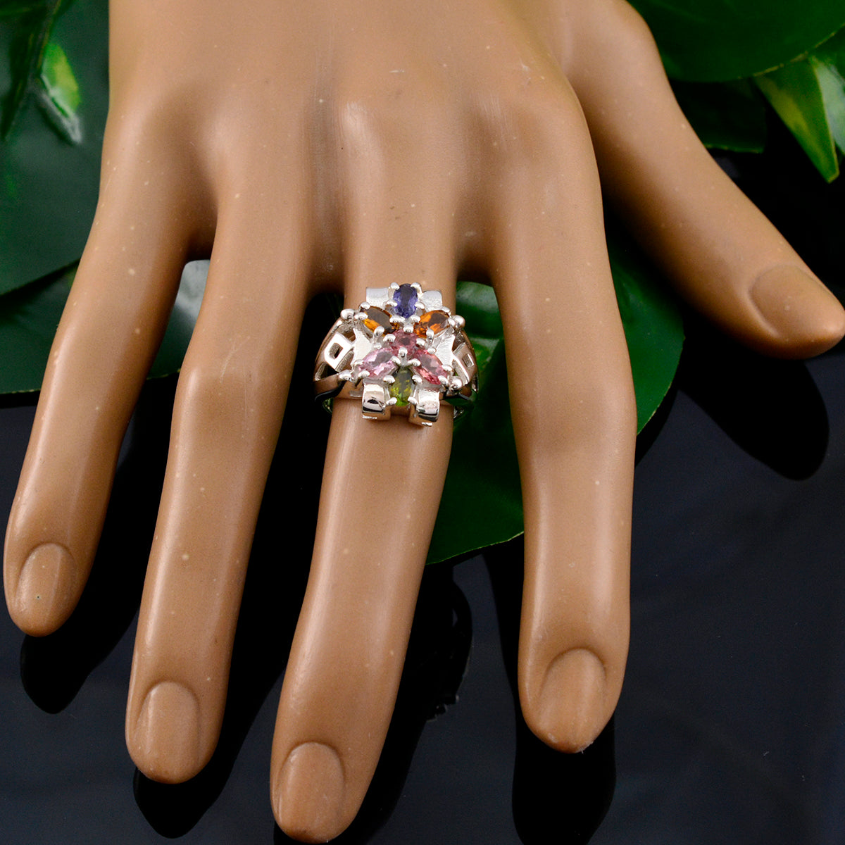 Tourmaline multiple German Sterling Silver multicolor Gemstone Mid weight Trendy Ring Jewellery