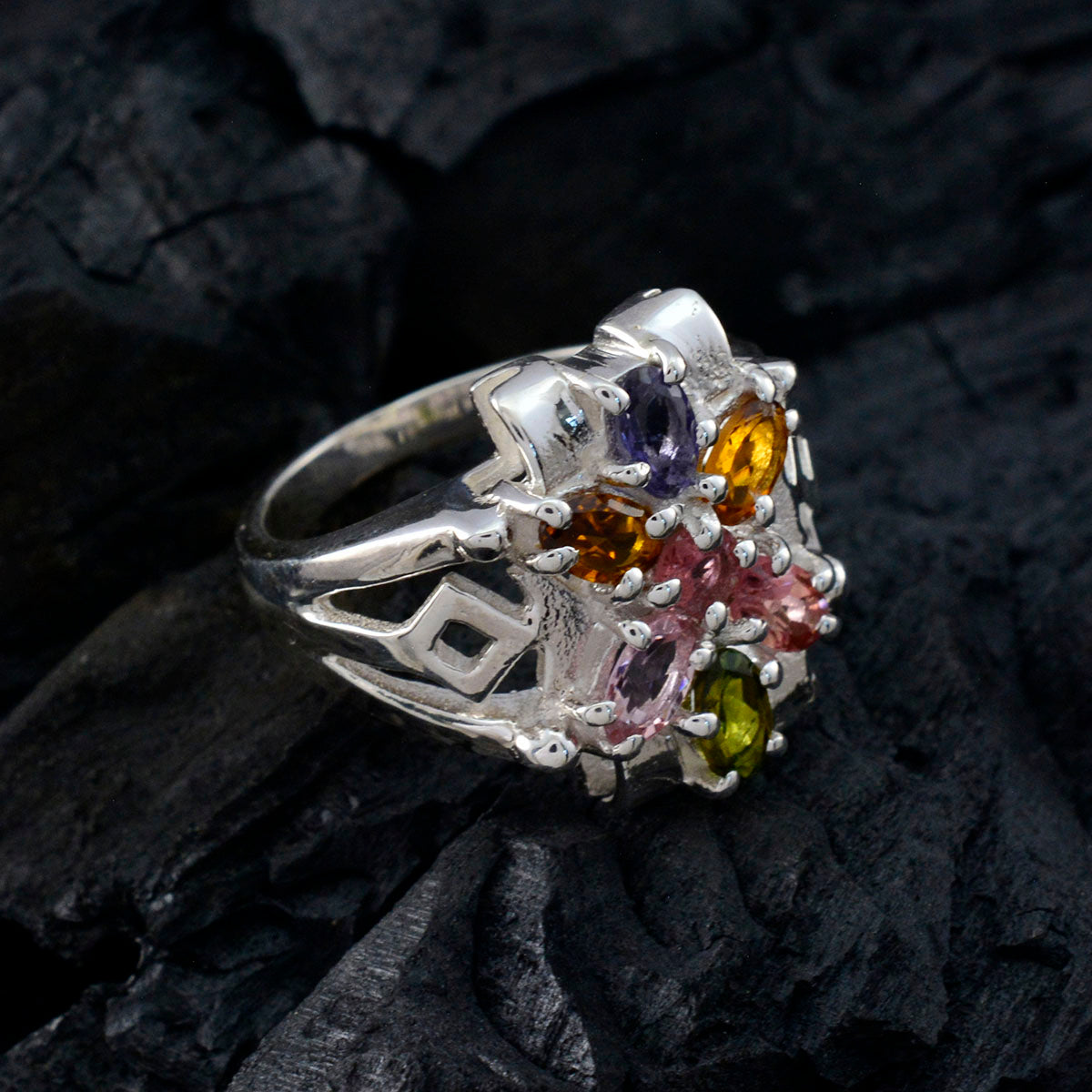 Tourmaline multiple German Sterling Silver multicolor Gemstone Mid weight Trendy Ring Jewellery