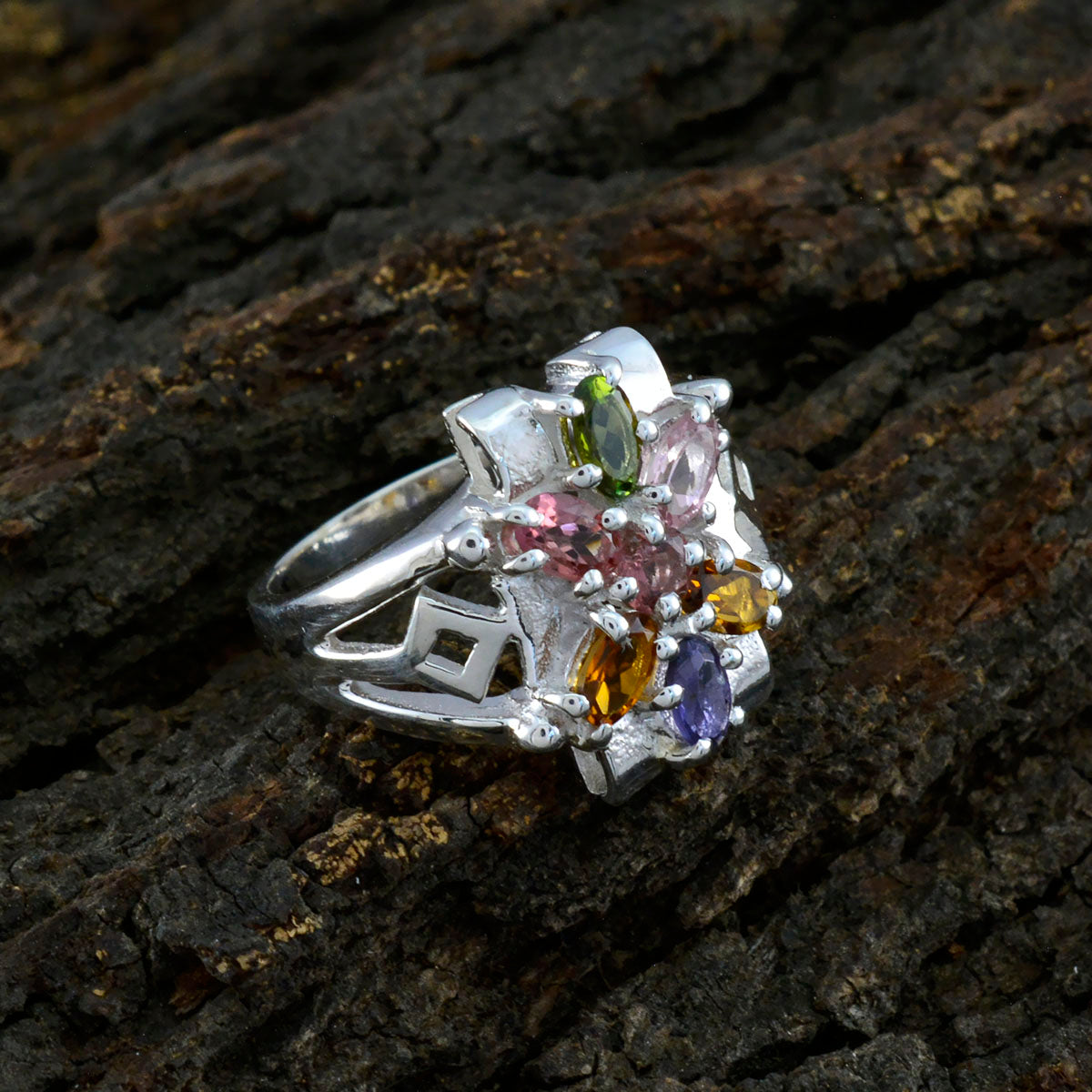 Tourmaline multiple German Sterling Silver multicolor Gemstone Mid weight Trendy Ring Jewellery