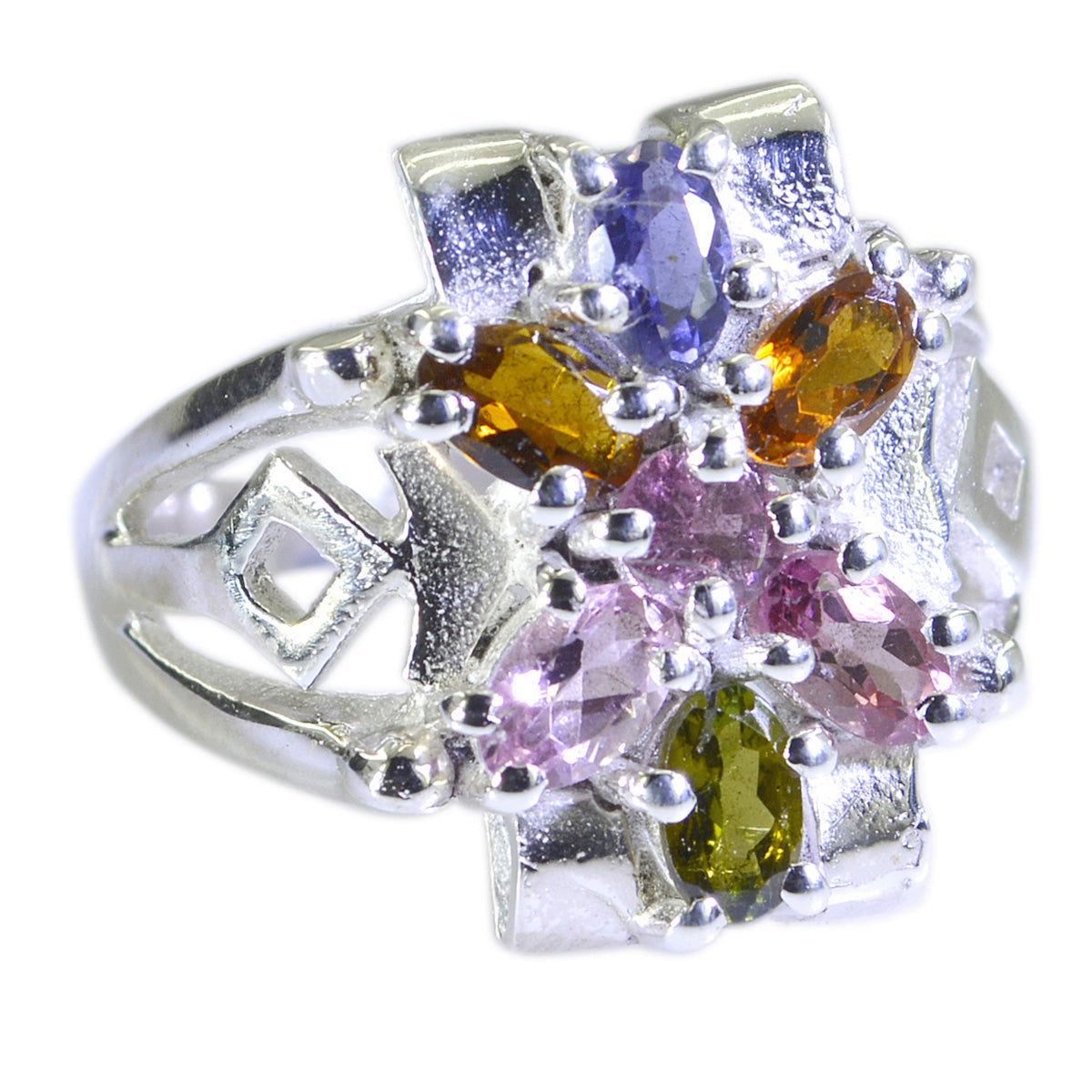 Tourmaline multiple German Sterling Silver multicolor Gemstone Mid weight Trendy Ring Jewellery