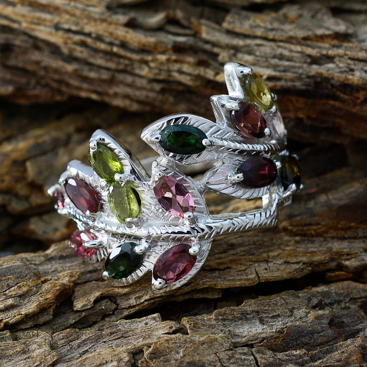 Tourmaline multiple French Sterling Silver multicolor Gemstones Eye catching Abstract Ring Jewelry