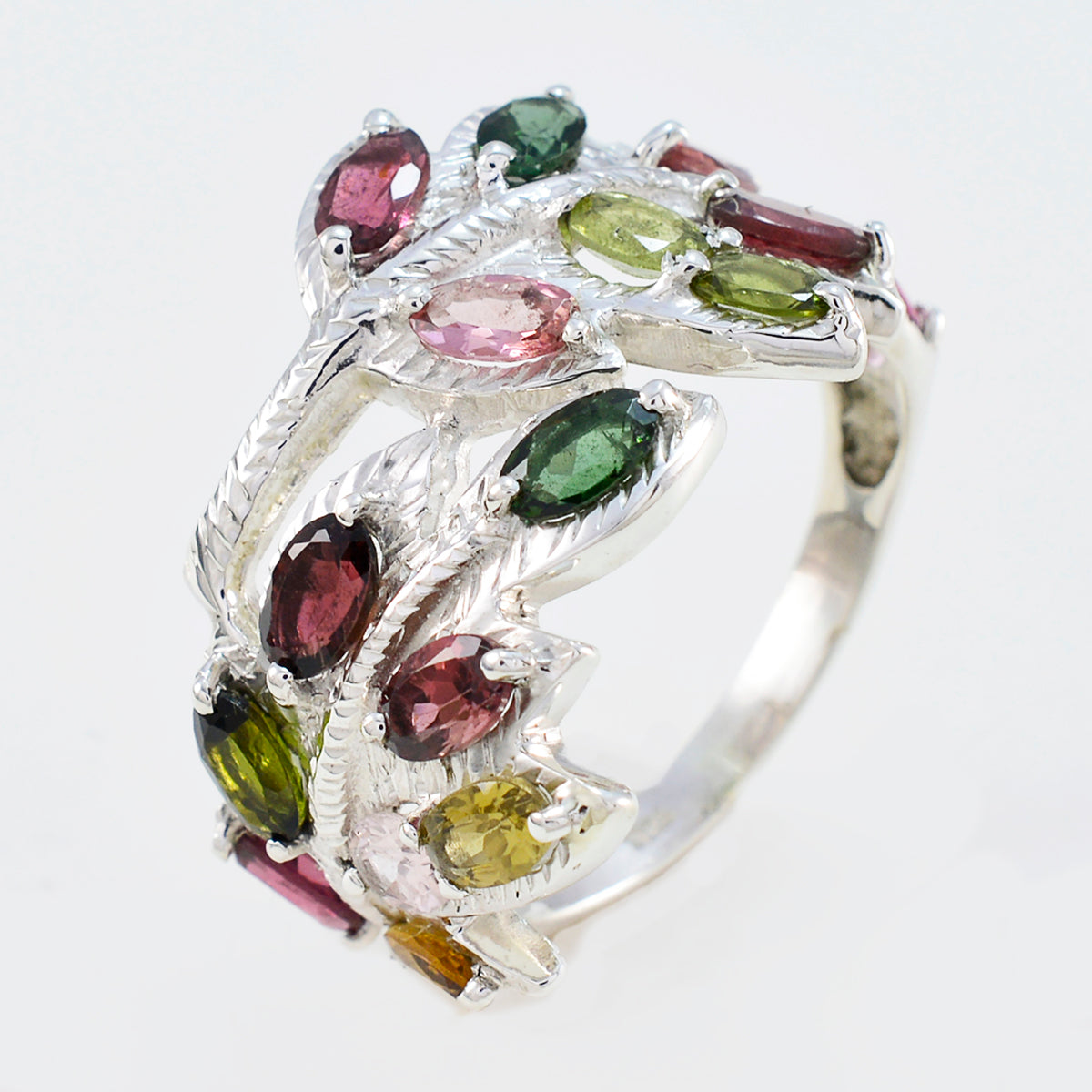 Tourmaline multiple French Sterling Silver multicolor Gemstones Eye catching Abstract Ring Jewelry