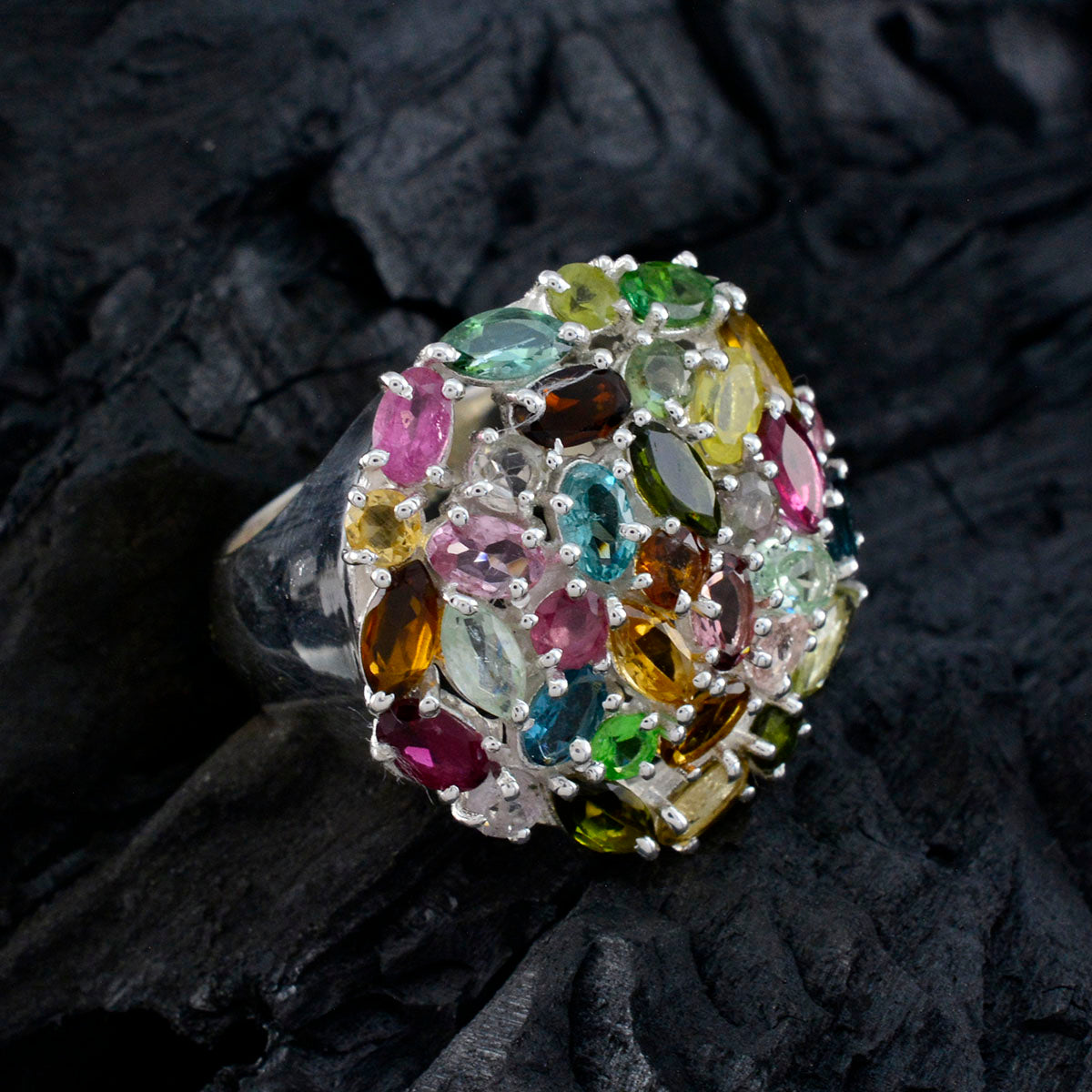 Tourmaline multiple French Silver multicolor Gemstone Statement Artisan Ring Jewelry
