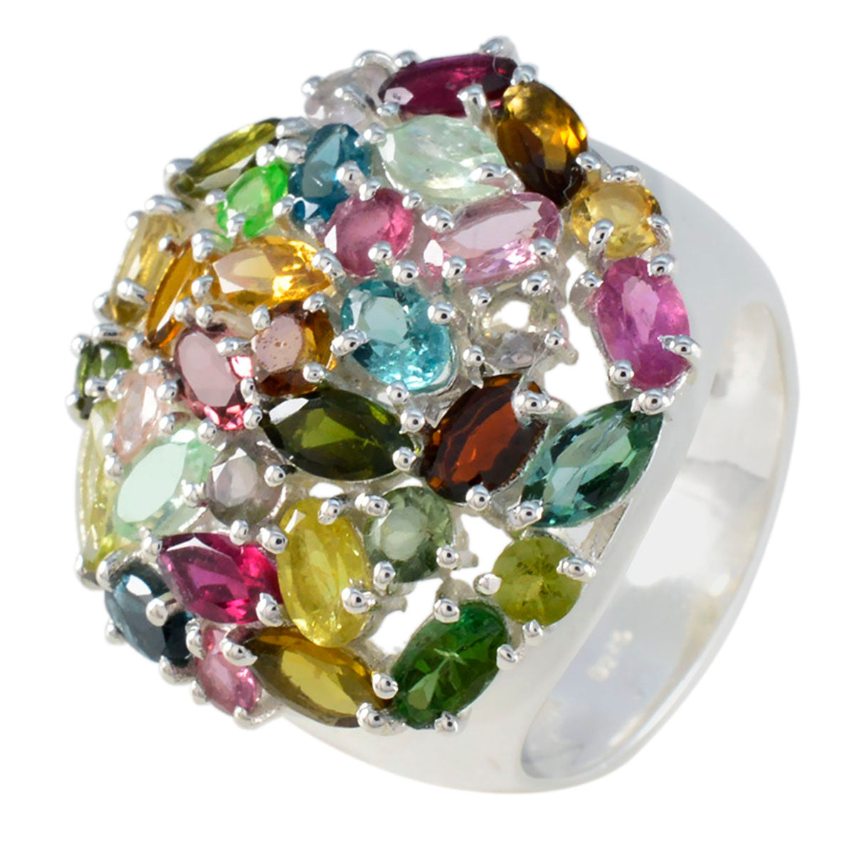 Tourmaline multiple French Silver multicolor Gemstone Statement Artisan Ring Jewelry