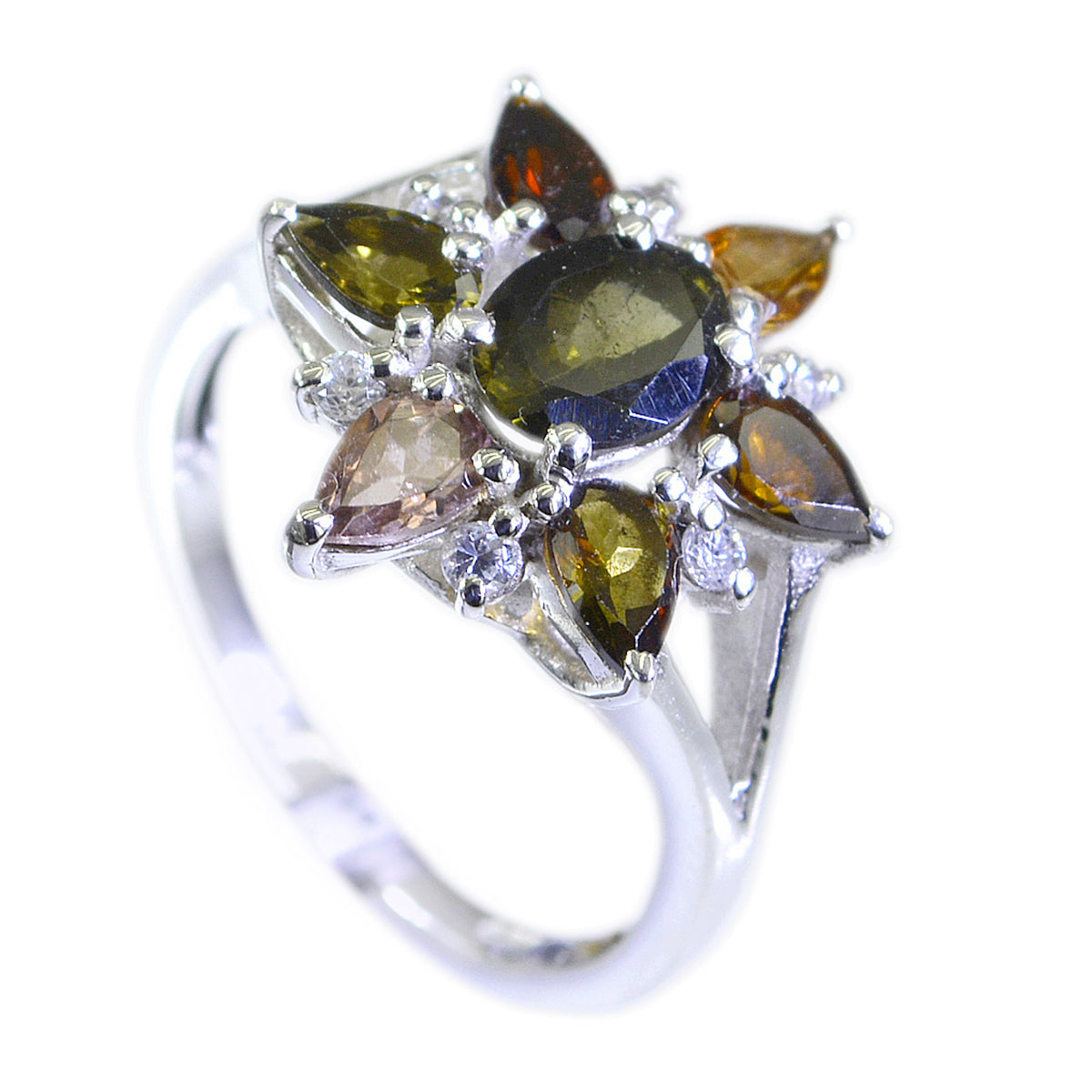 Tourmaline Hepta Indian 925 Sterling Silver multicolor Gems Featherlight Floral Ring Jewellery