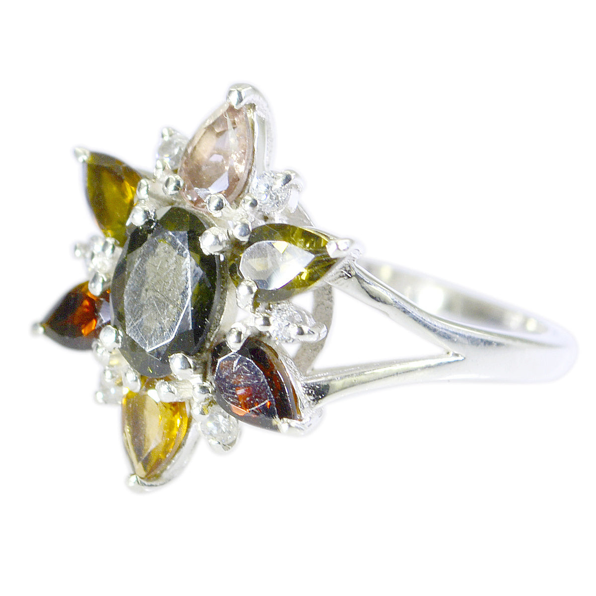 Tourmaline Hepta Indian 925 Sterling Silver multicolor Gems Featherlight Floral Ring Jewellery