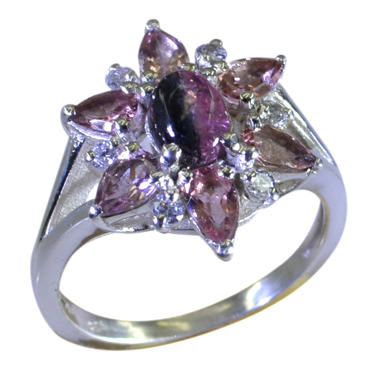 Tourmaline Hepta Indian 925 Sterling Silver multicolor Gems Featherlight Floral Ring Jewellery