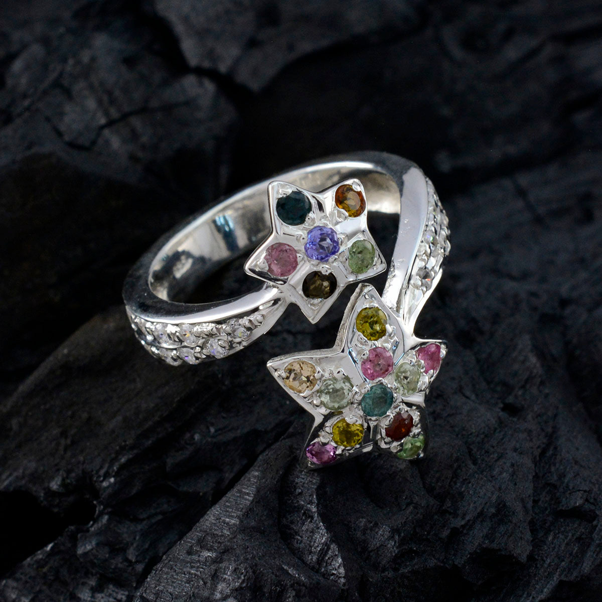 Tourmaline multiple French Silver multicolor Gemstones Eye catching Contemporary Ring Jewelry