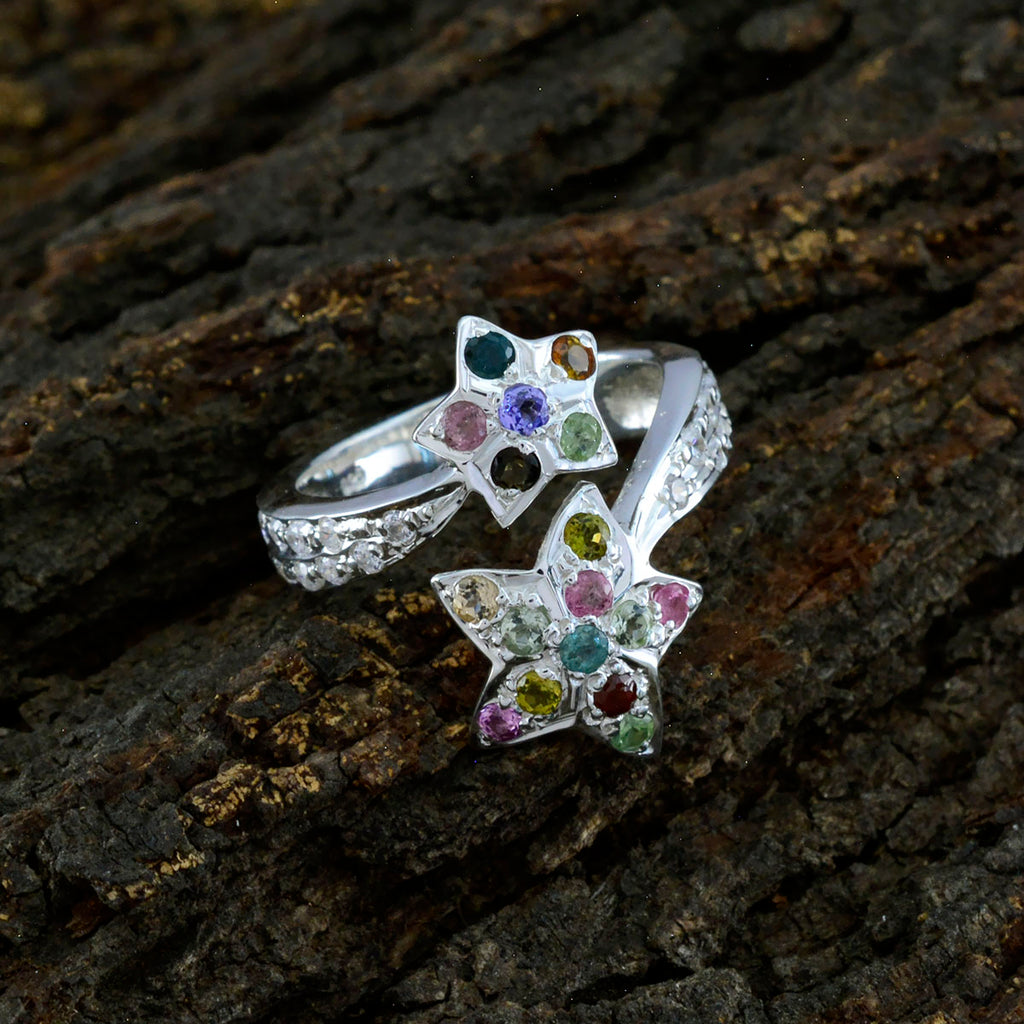 Tourmaline multiple French Silver multicolor Gemstones Eye catching Contemporary Ring Jewelry