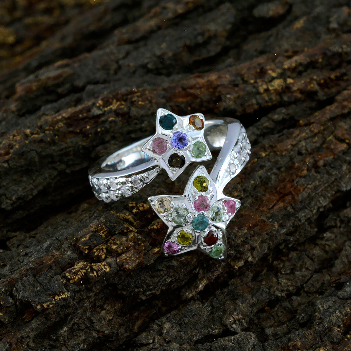 Tourmaline multiple French Silver multicolor Gemstones Eye catching Contemporary Ring Jewelry