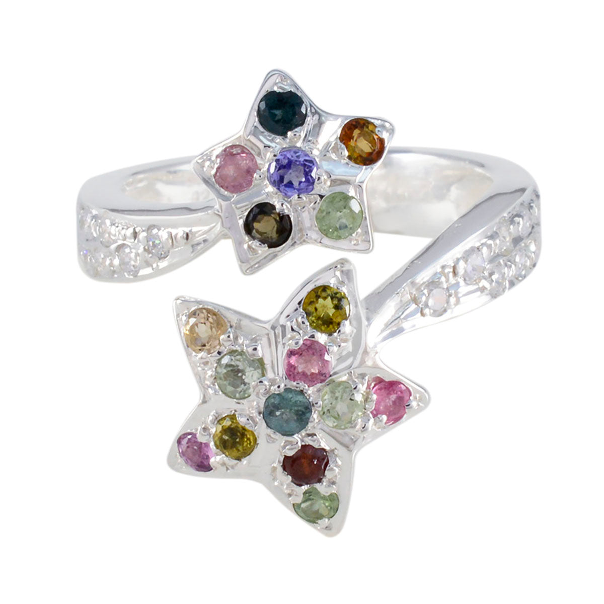 Tourmaline multiple French Silver multicolor Gemstones Eye catching Contemporary Ring Jewelry