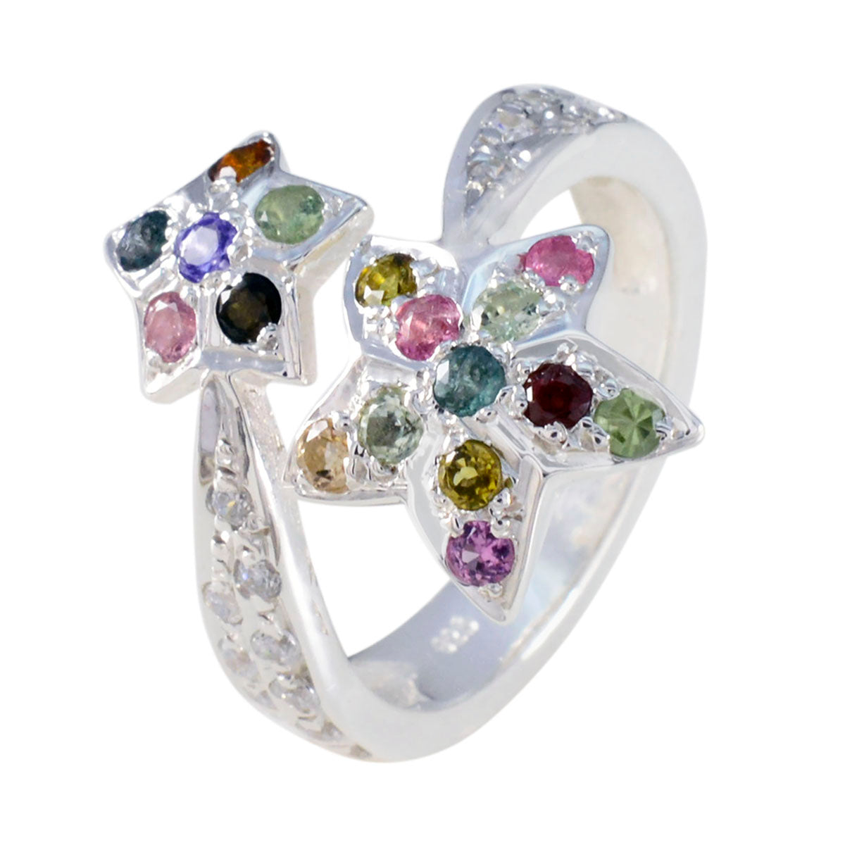 Tourmaline multiple French Silver multicolor Gemstones Eye catching Contemporary Ring Jewelry