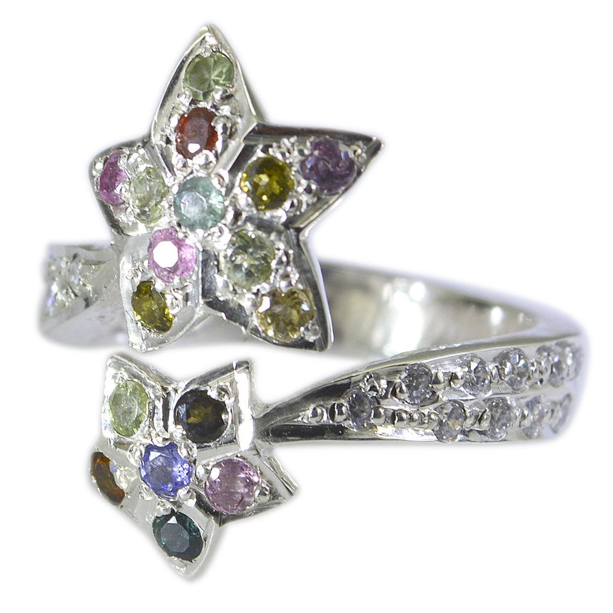 Tourmaline multiple French Silver multicolor Gemstones Eye catching Contemporary Ring Jewelry