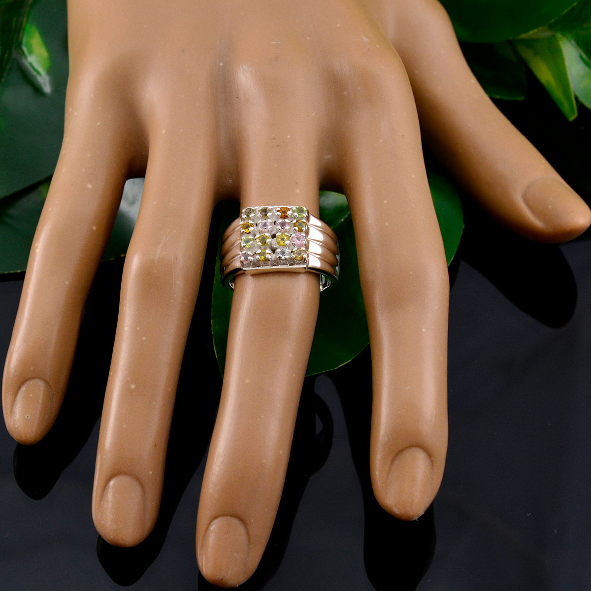 Tourmaline multiple French 925 Sterling Silver multicolor Gemstones Versatile Trendy Ring Jewellery