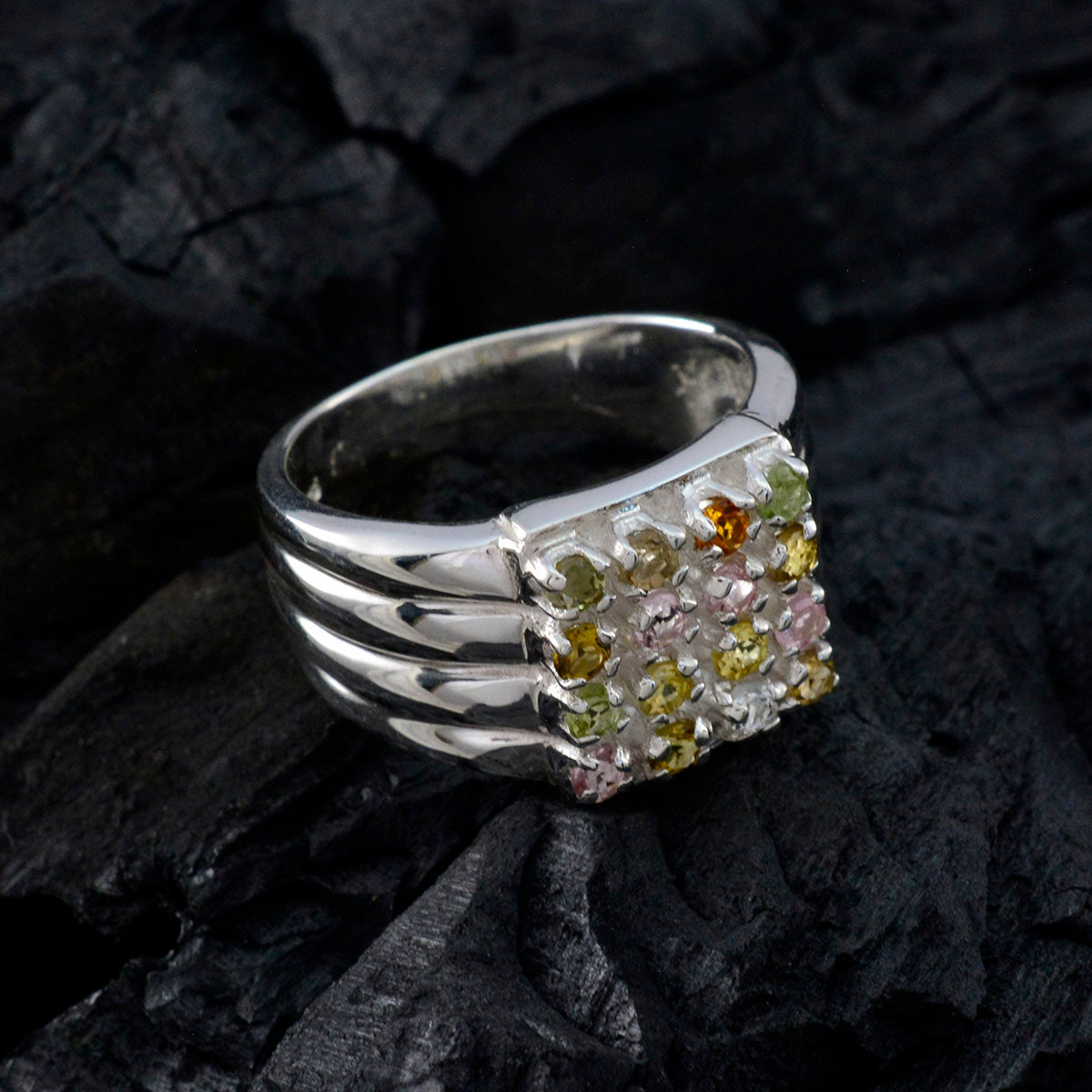 Tourmaline multiple French 925 Sterling Silver multicolor Gemstones Versatile Trendy Ring Jewellery