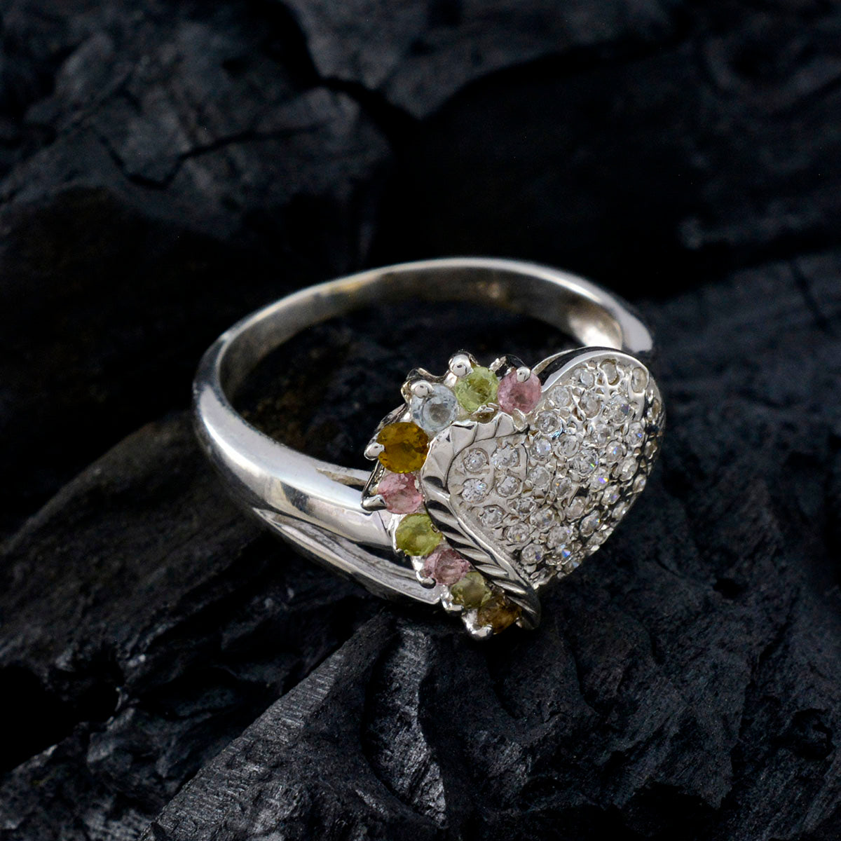 Tourmaline multiple Russian 925 Sterling Silver multicolor Gemstone Tiny Feminine Ring Jewelry