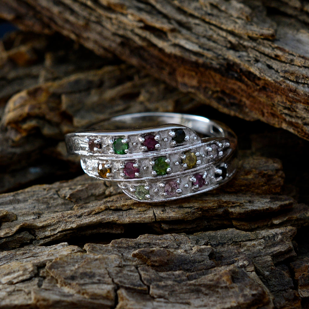 Tourmaline Halo Egyptian Sterling Silver multicolor Gems Slim Cultural Ring Jewelry
