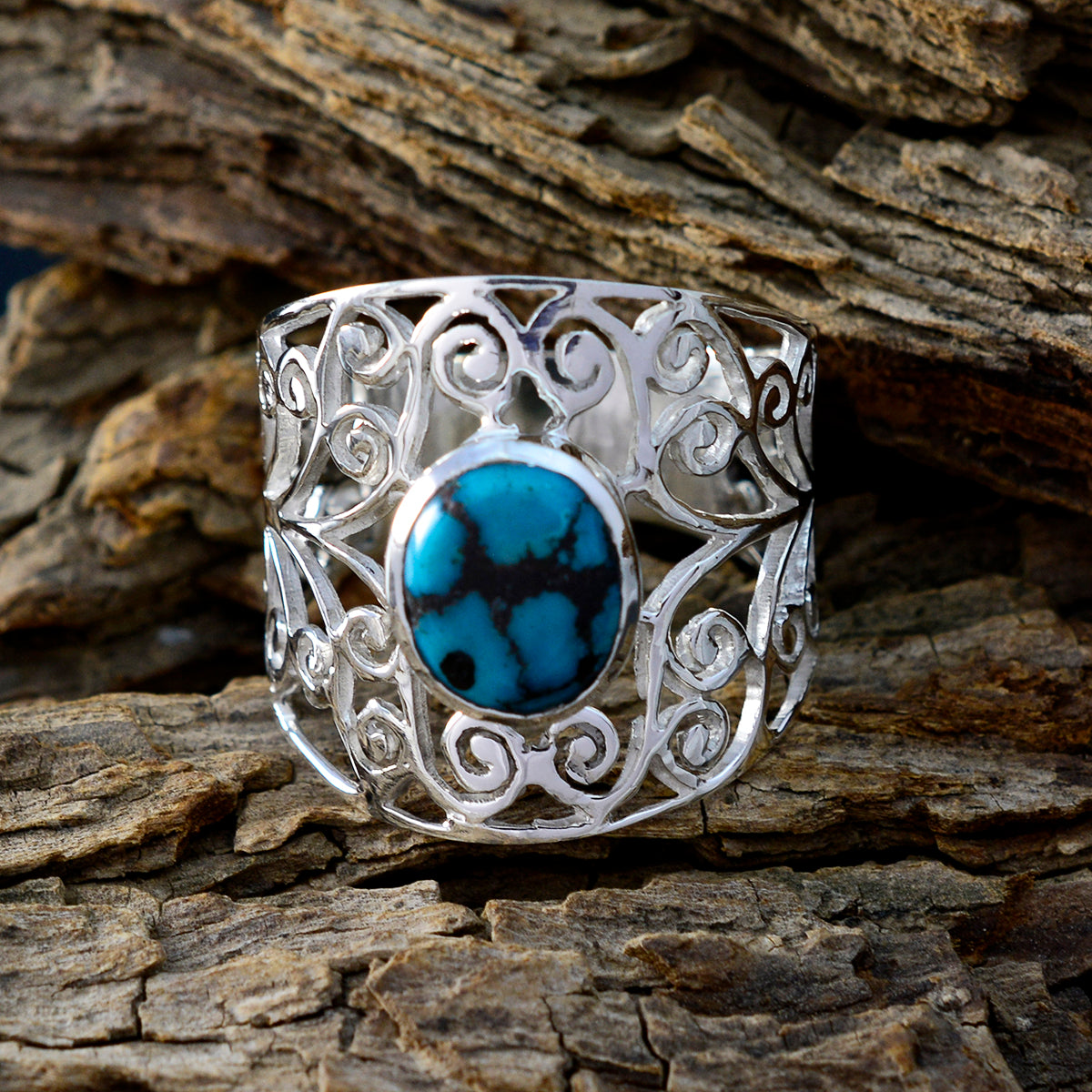Turquoise Solitaire Australian 925 Sterling Silver Blue Gemstones Mid weight Filigree Ring Jewelry