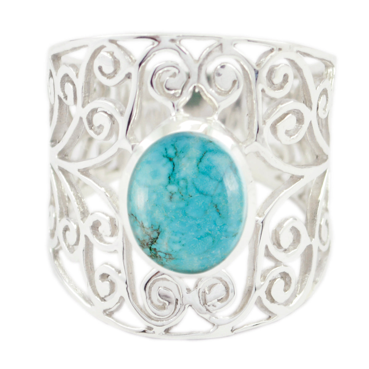 Turquoise Solitaire Australian 925 Sterling Silver Blue Gemstones Mid weight Filigree Ring Jewelry メイン画像