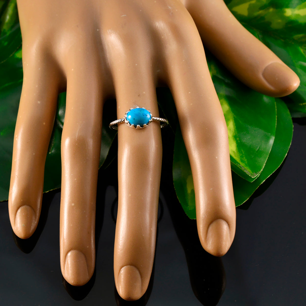 Turquoise Solitaire Japanese Silver Blue Gemstones Elegant  Twist Ring Jewelry