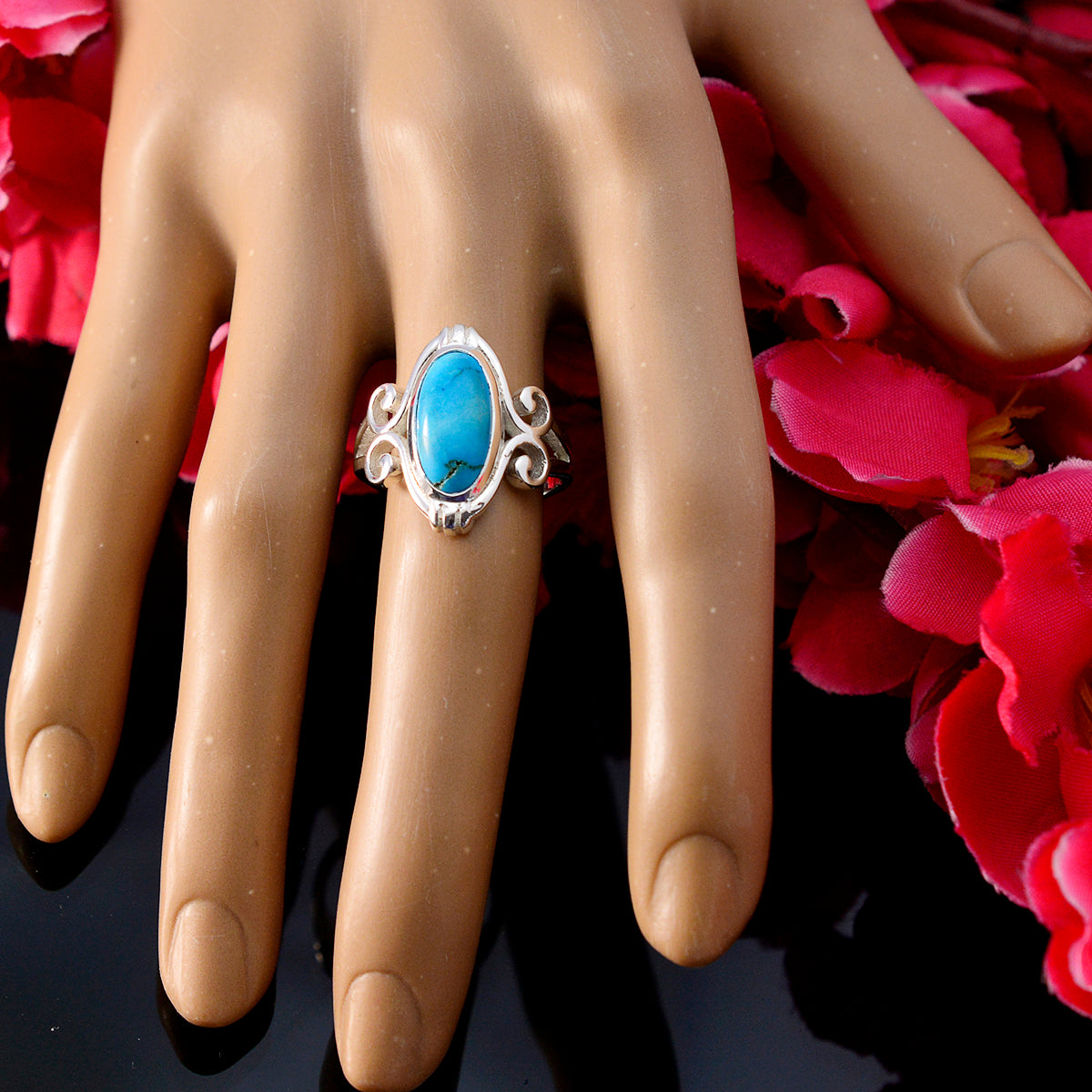 Turquoise Solitaire Latin American Sterling Silver Blue Gemstone Minimal Rope Wire Ring Jewelry