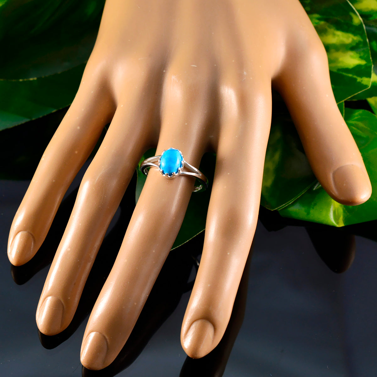 Turquoise Solitaire Turkish Sterling Silver Blue Gemstones Dainty Abstract Ring Jewelry