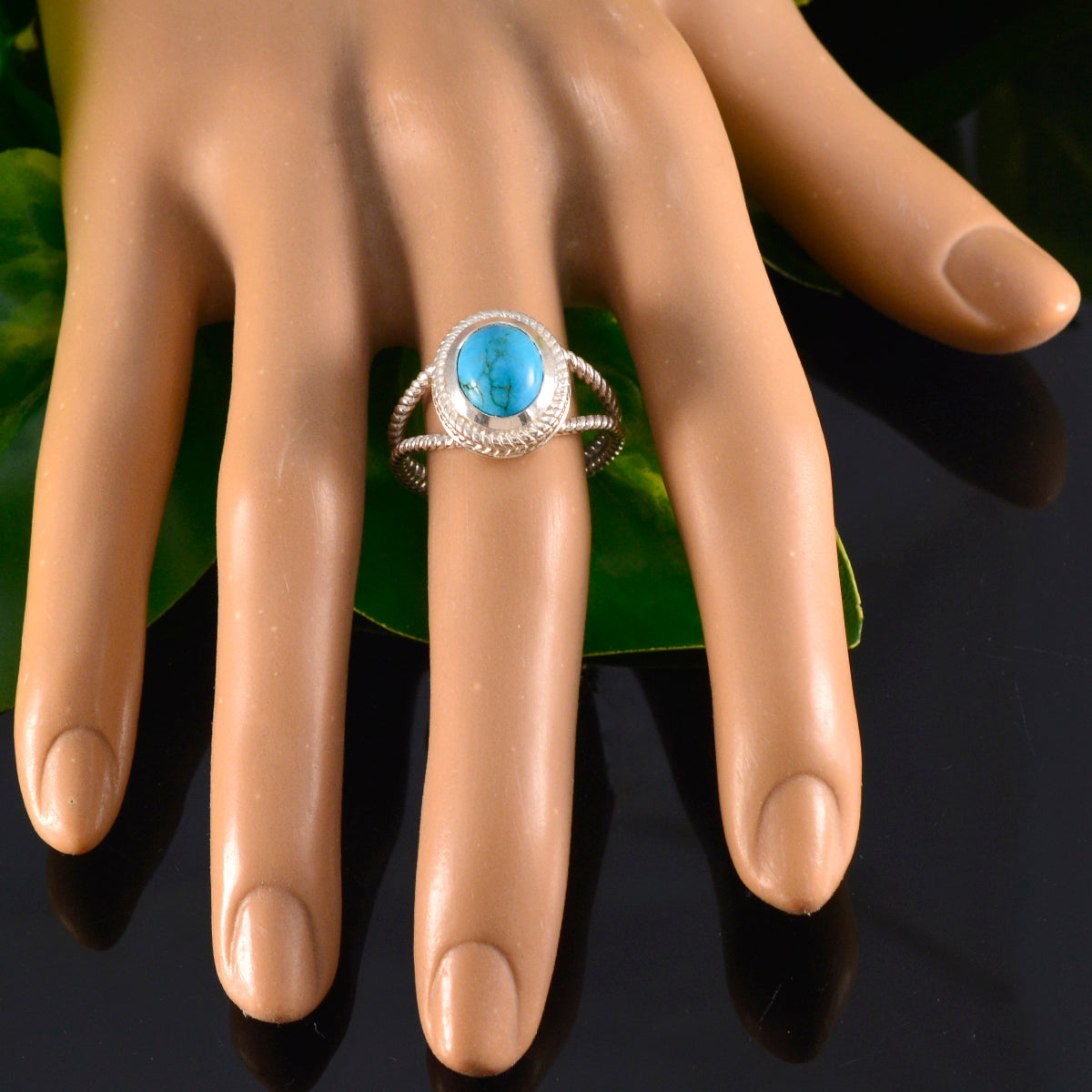 Turquoise Solitaire Italian 925 Silver Blue Gemstones Classic Rope Wire Ring Jewellery