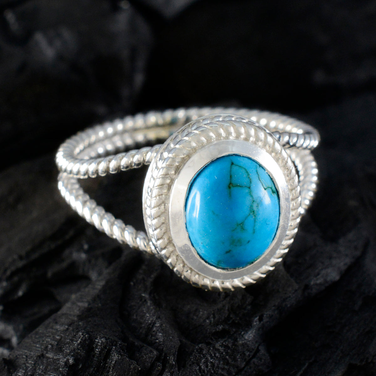 Turquoise Solitaire Italian 925 Silver Blue Gemstones Classic Rope Wire Ring Jewellery