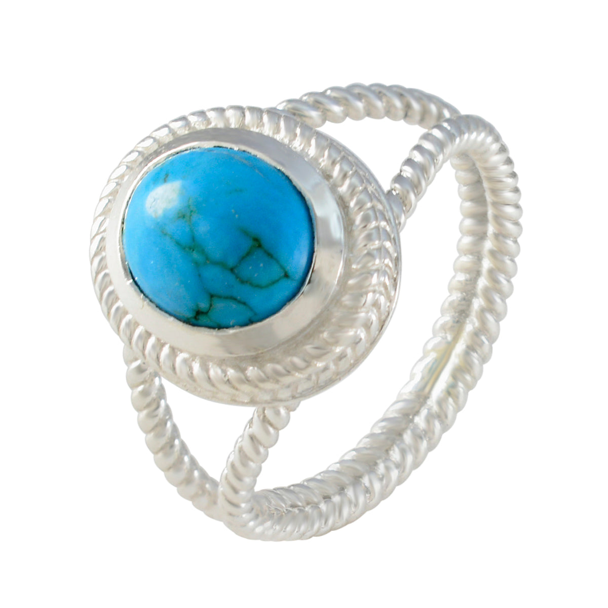 Turquoise Solitaire Italian 925 Silver Blue Gemstones Classic Rope Wire Ring Jewellery