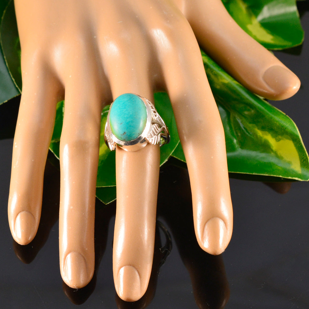 Turquoise Solitaire French 92.5 Silver Blue Gemstone Statement Leafy Ring Jewelry