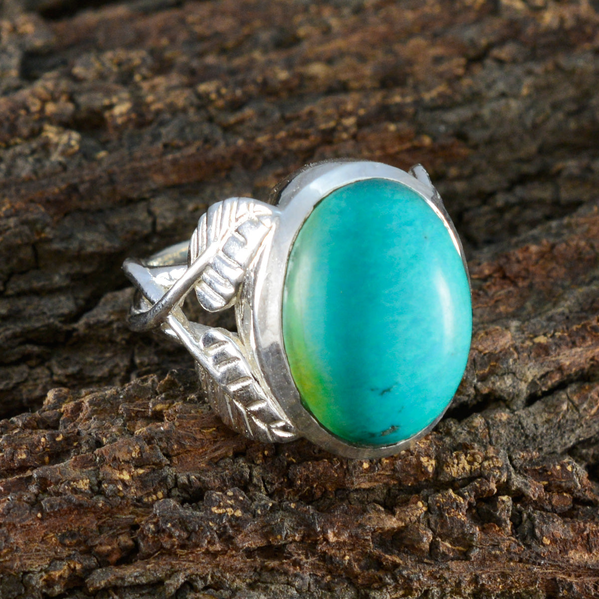 Turquoise Solitaire French 92.5 Silver Blue Gemstone Statement Leafy Ring Jewelry