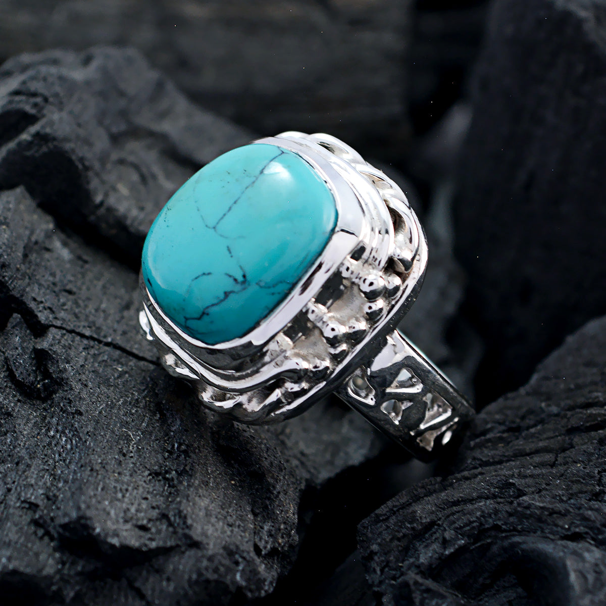 Turquoise Solitaire Italian 92.5 Silver Blue Gemstones Edgy Signet Ring Jewellery