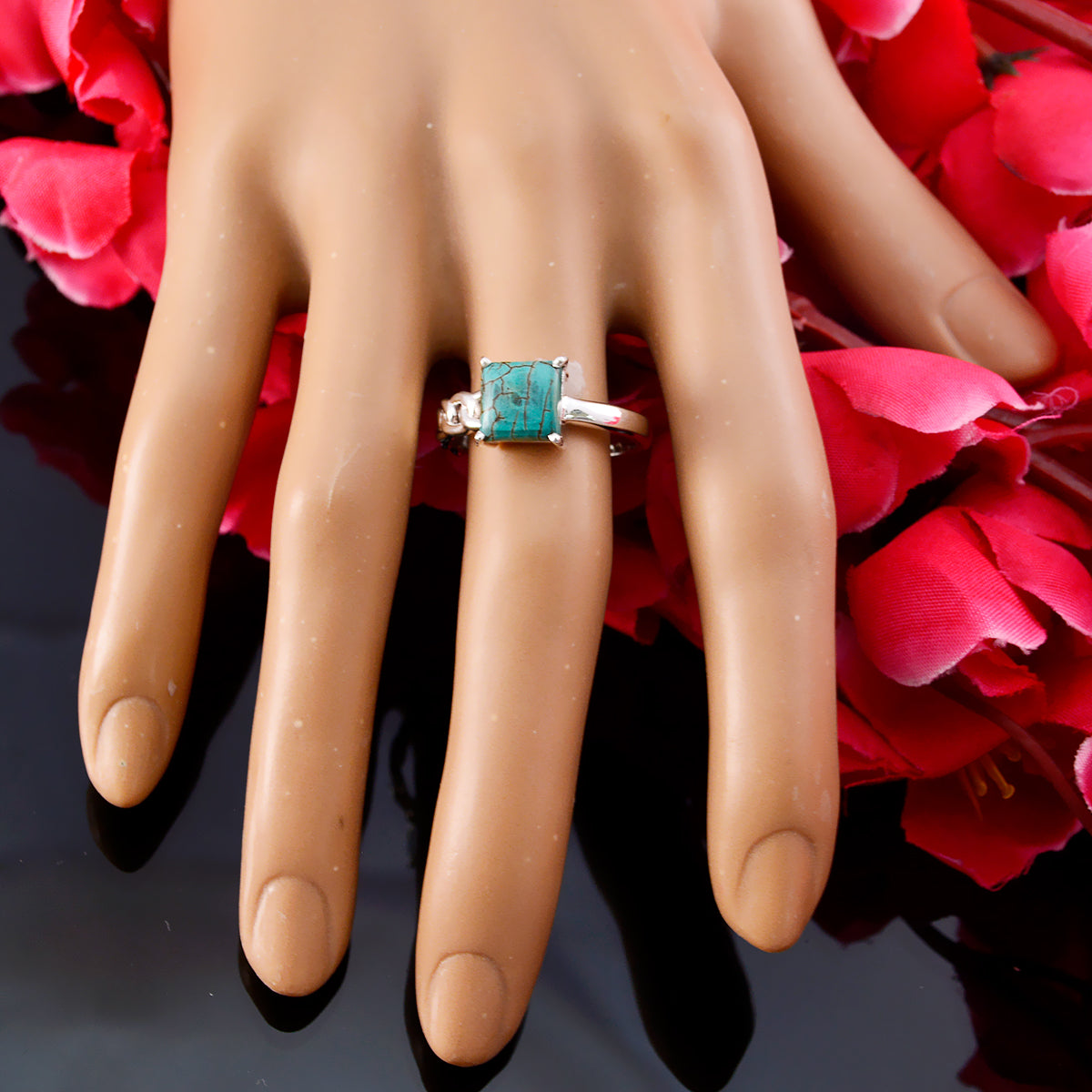 Turquoise Solitaire Japanese 92.5 Silver Blue Gems Whisper thin Feminine Ring Jewelry