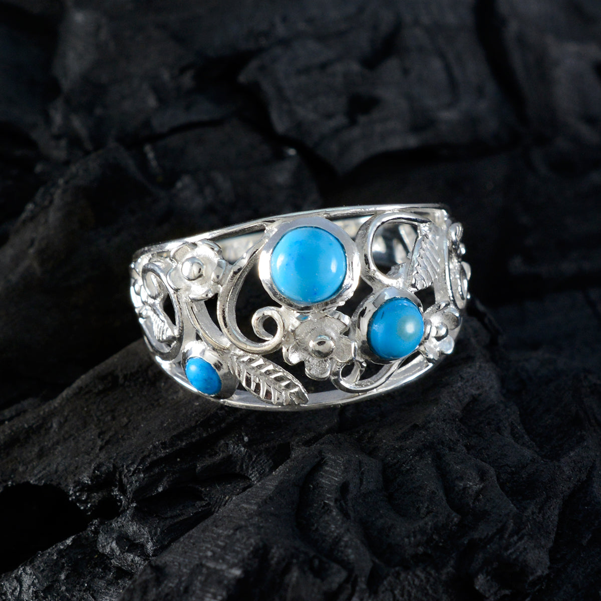 Turquoise Trilogy Moroccan 925 Silver Blue Gems Slim Abstract Ring Jewellery
