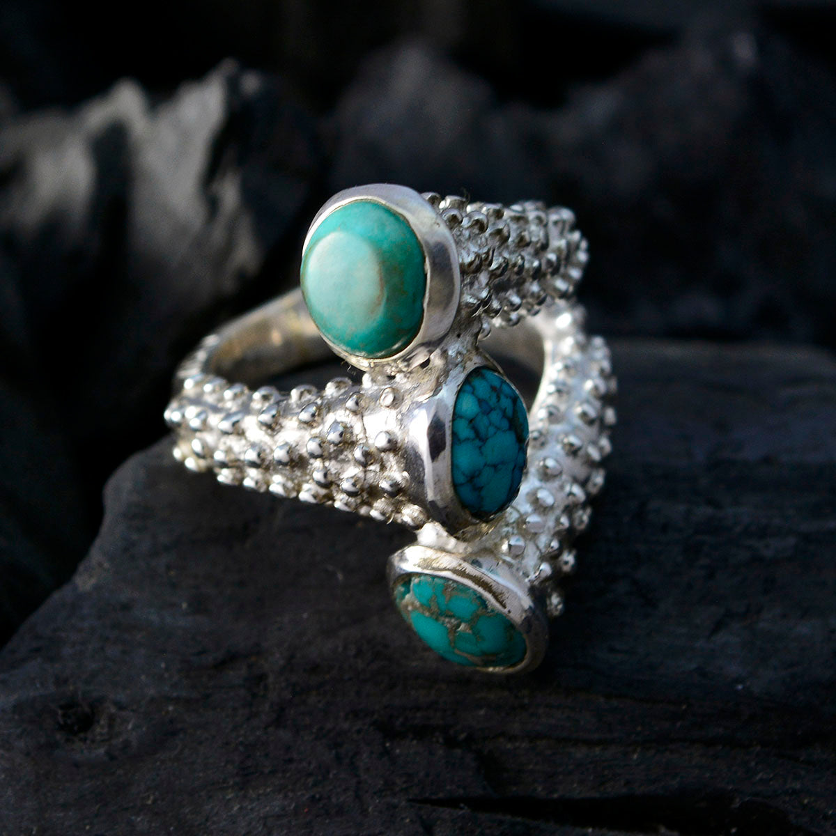 Turquoise Trilogy French 925 Sterling Silver Blue Gemstone Edgy Contemporary Ring Jewellery