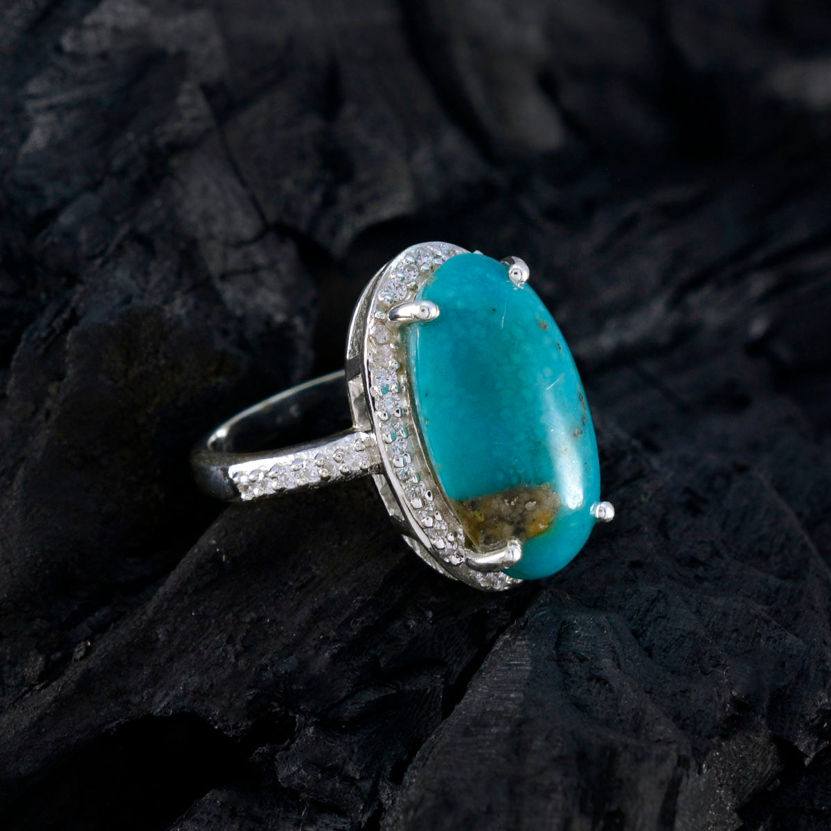 Turquoise Halo Russian 92.5 Silver Blue Gemstones Tiny Sophisticated Ring Jewellery