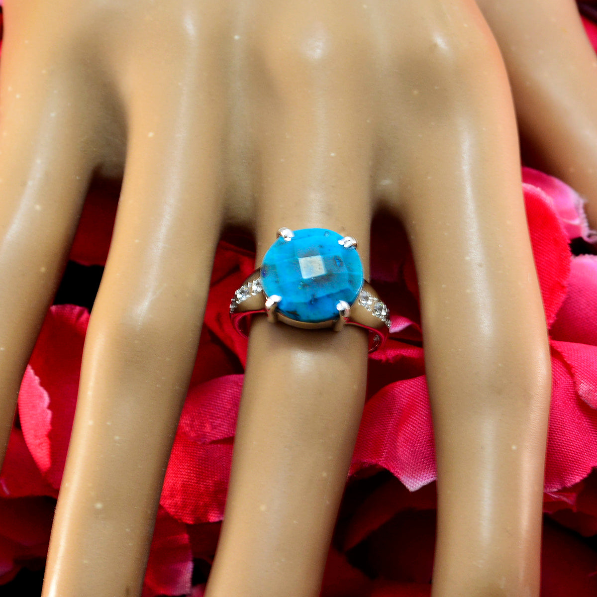 Turquoise Halo Moroccan Silver Blue Gemstones Slim Modern Ring Jewellery