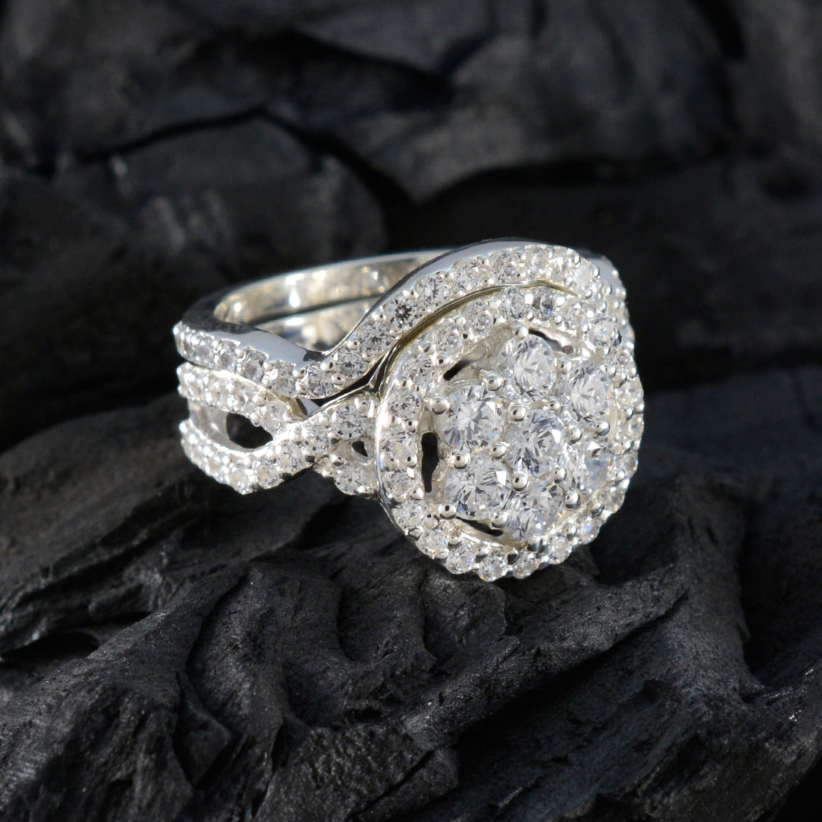 Cubic zirconia CZ Halo French Sterling Silver White Gems Classic Glamorous Ring Jewellery