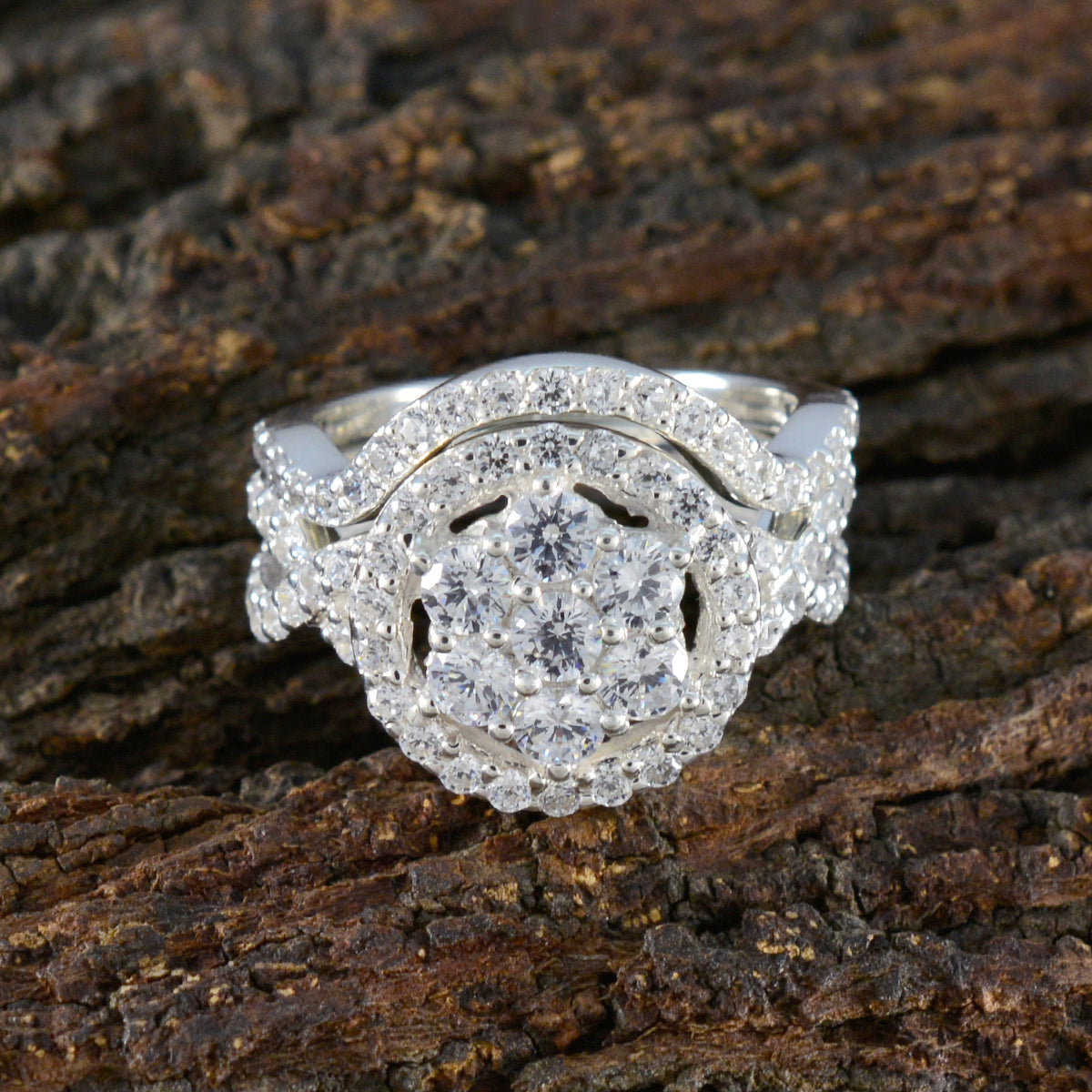 Cubic zirconia CZ Halo French Sterling Silver White Gems Classic Glamorous Ring Jewellery