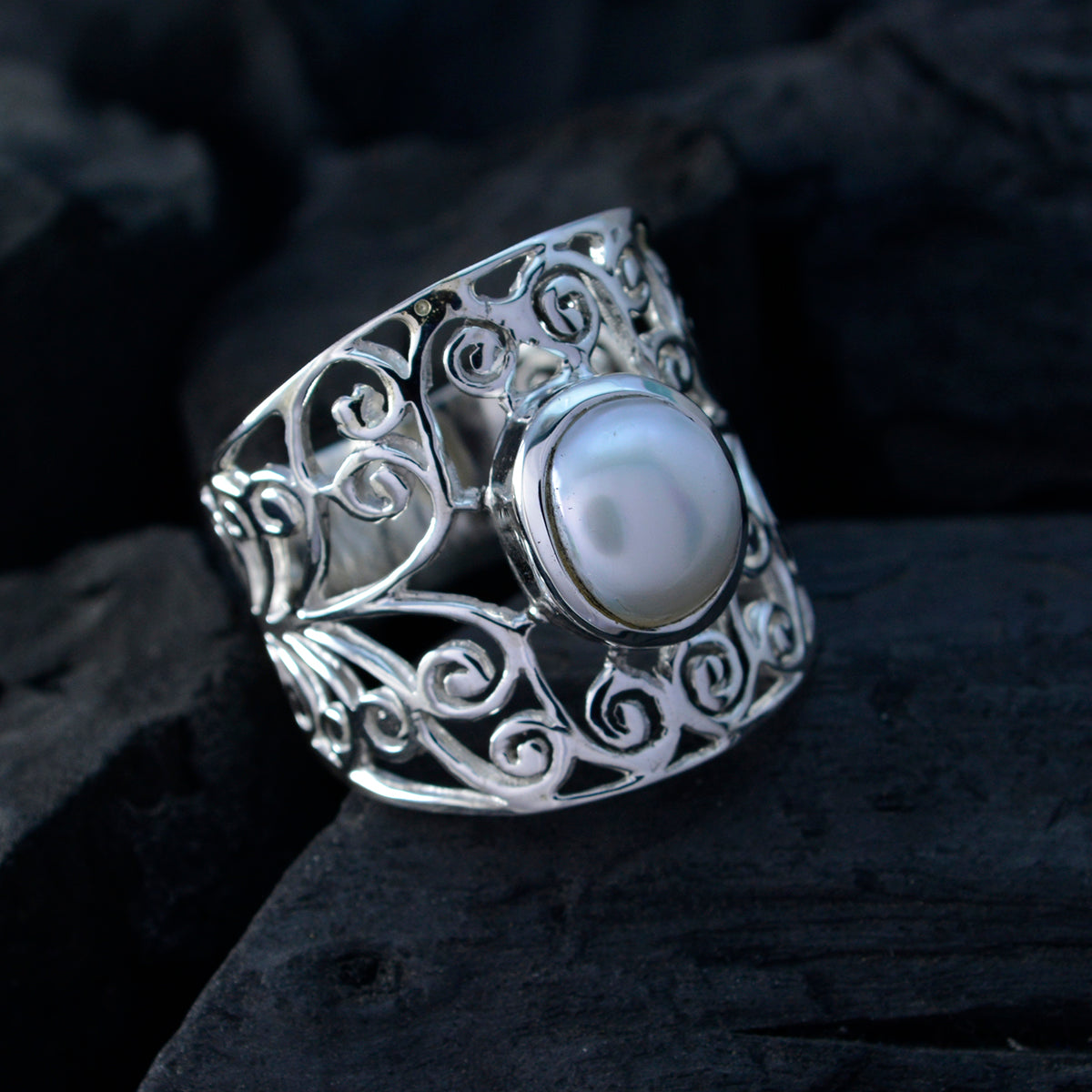 Perle Solitär Spanisch Silber Weiße Edelsteine Mittelgewicht Filigran Ring Schmuck
